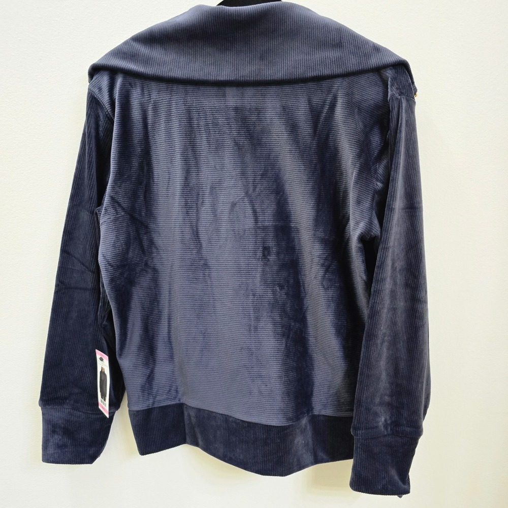 Halston Women Navy Blue Ribbed Velour Quarter Zip Fleece Pullover Small NWT - Picture 2 of 5